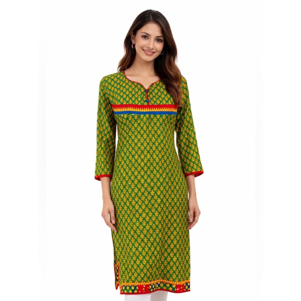Green Yellow Printed Kurti Tunic Medium Ethnic Indian Kurta Top